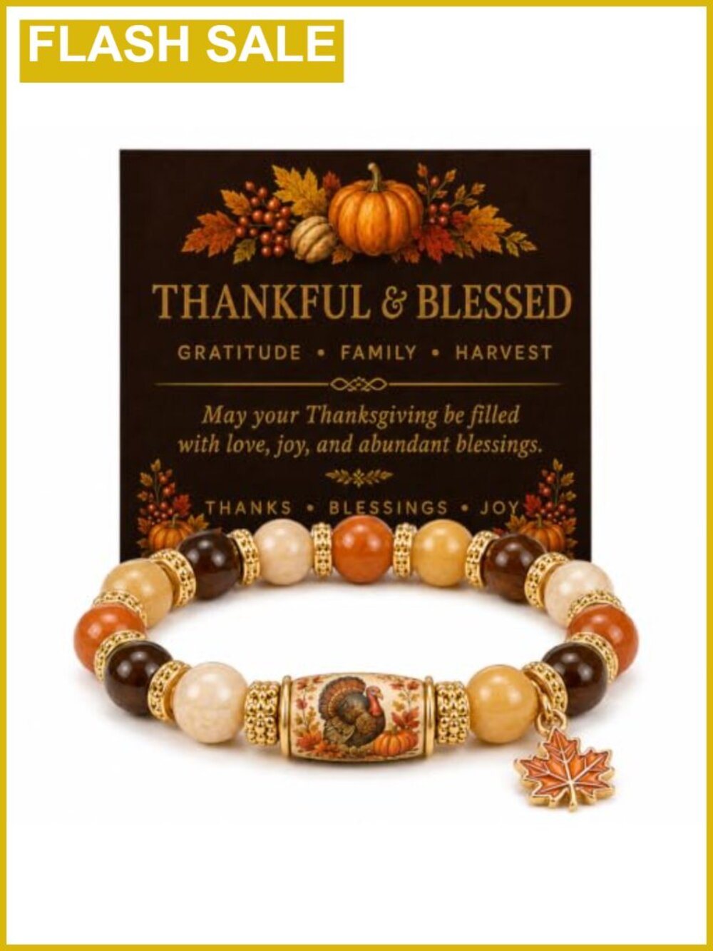 Thanksgiving Beaded Bracelet Natural Stone Gold Tone Turkey Charm 20 In